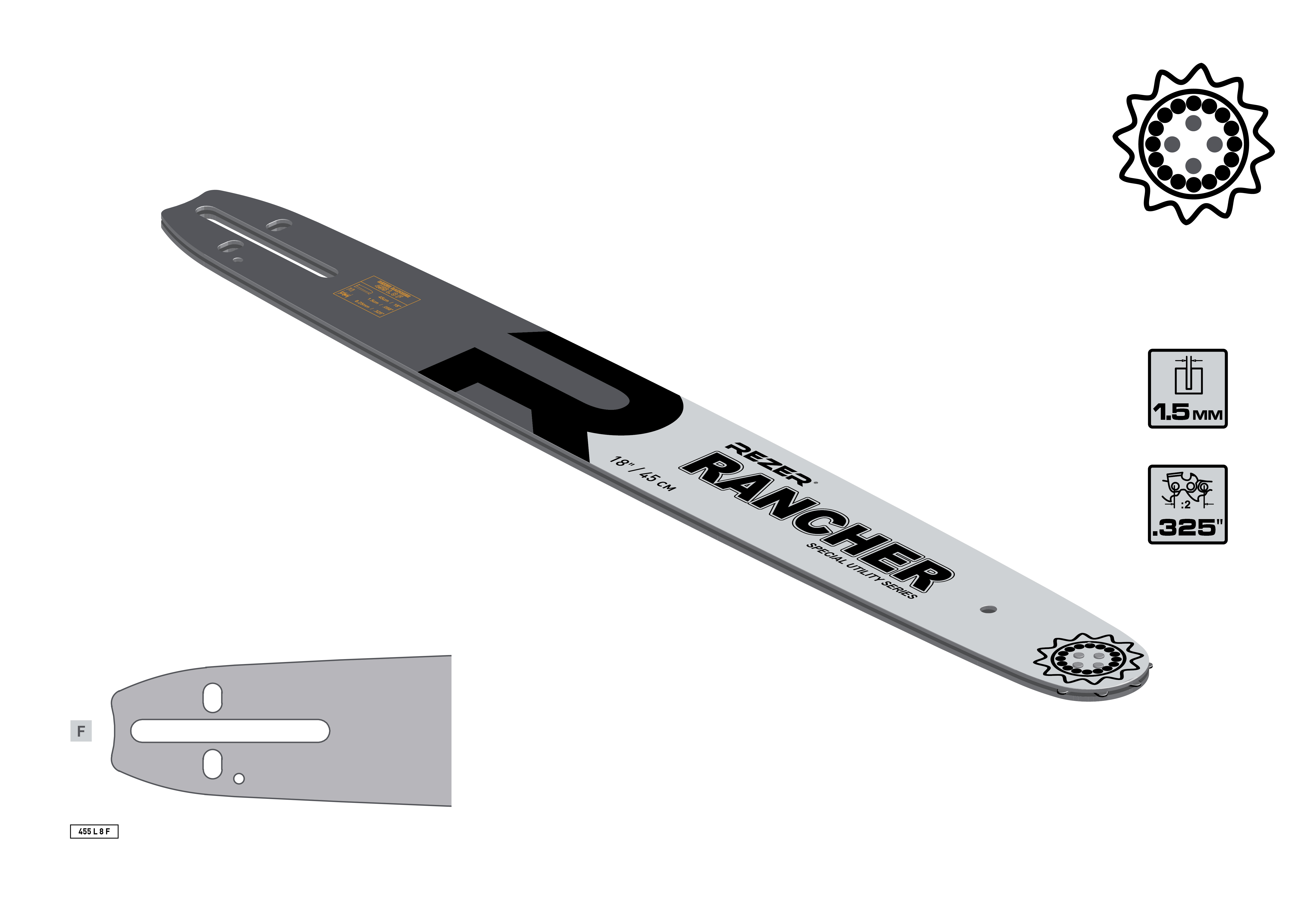 Шина для цепных пил 45см 72звеньев шаг0,325” паз1,5мм Rancher 455 L 8 F REZER *1/20 Шина для цепных пил 45см 72звеньев шаг0,325” паз1,5мм Rancher 455 L 8 F REZER *1/20