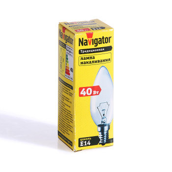 Лампа накаливания Navigator, Е14, свеча, 40 Вт, 400 Лм, теплый белый свет