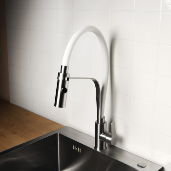 Смеситель для кухни FASHUN A54112-8 с гибким изливом (Белый) + режим Душ, нерж. сталь *1/10 Смеситель для кухни FASHUN A54112-8 с гибким изливом (Белый) + режим Душ, нерж. сталь *1/10