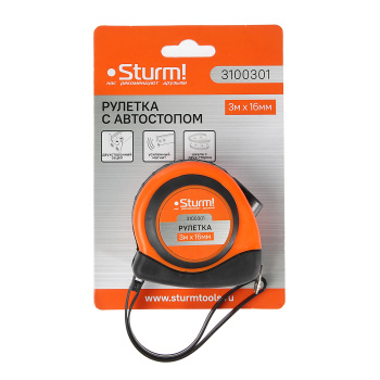 Рулетка 3м х16мм резино-пластик. корпус стальная лента автостоп магнит арт.3100301 STURM *1/12/120