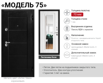 Дверь входная 2050х860х70 мм Форпост, с зеркалом, левая, антик темно-коричневый/лиственница беленая Дверь входная 2050х860х70 мм Форпост, с зеркалом, левая, антик темно-коричневый/лиственница беленая