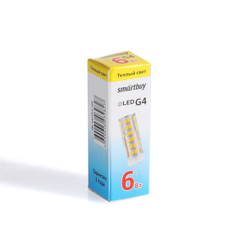 Лампа светодиодная Smartbuy, G4, капсула, 220 В, 6 Вт, 480 Лм, 3000 К, теплый белый