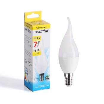 Лампа светодиодная Smartbuy, Е14, свеча на ветру С37, 7 Вт, 500 Лм, 3000 К, теплый белый